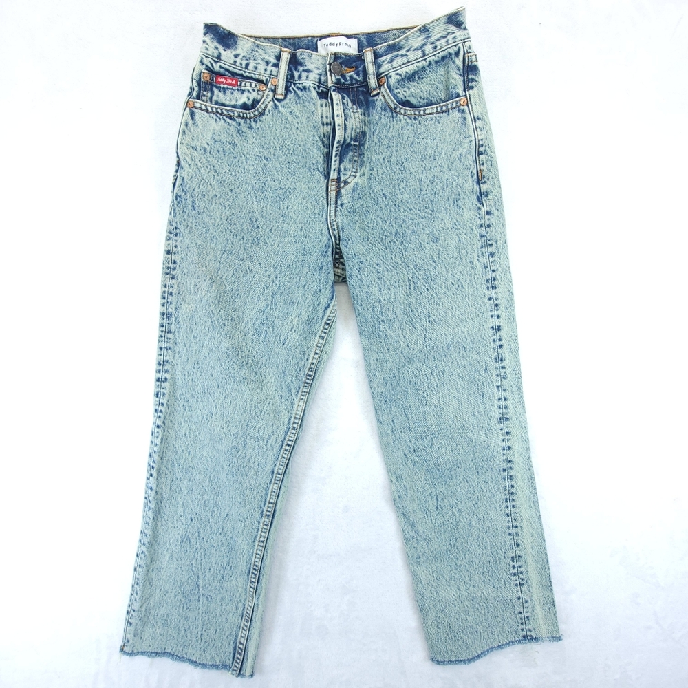 Teddy Fresh Women's Green Acid Wash Jeans Size 26 High Rise Raw Hem Button Fly